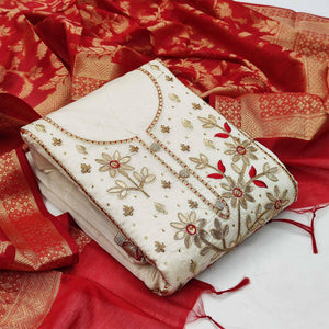 Amazing Offwhite Colored Casual Embroidered Modal Chanderi Dress Material - Peachmode