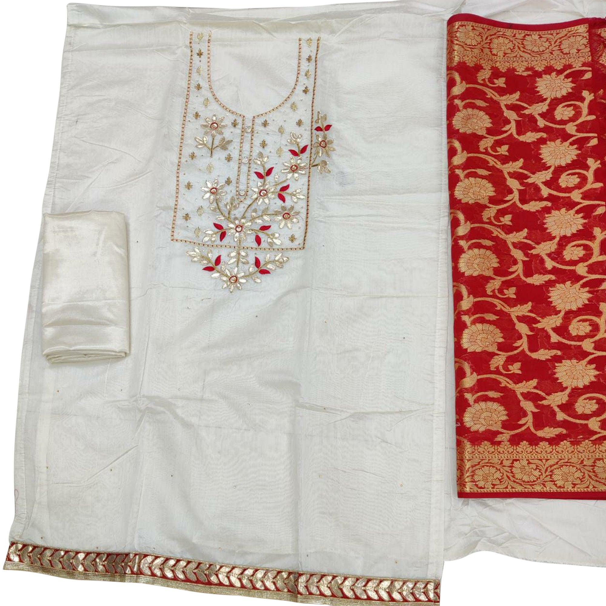 Amazing Offwhite Colored Casual Embroidered Modal Chanderi Dress Material - Peachmode