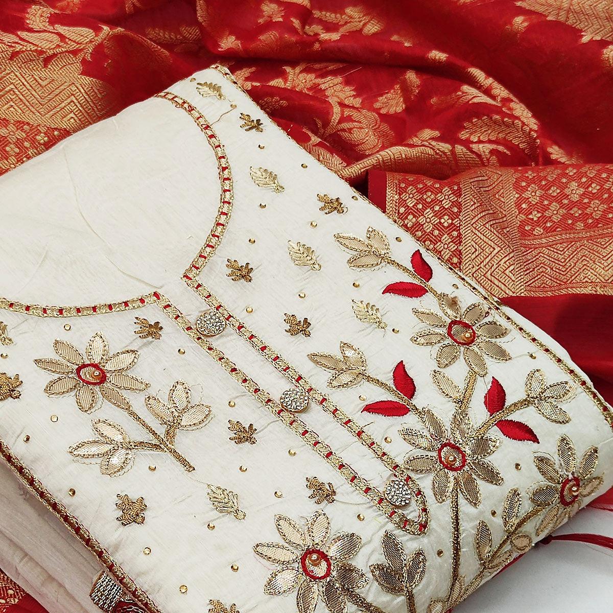 Amazing Offwhite Colored Casual Embroidered Modal Chanderi Dress Material - Peachmode