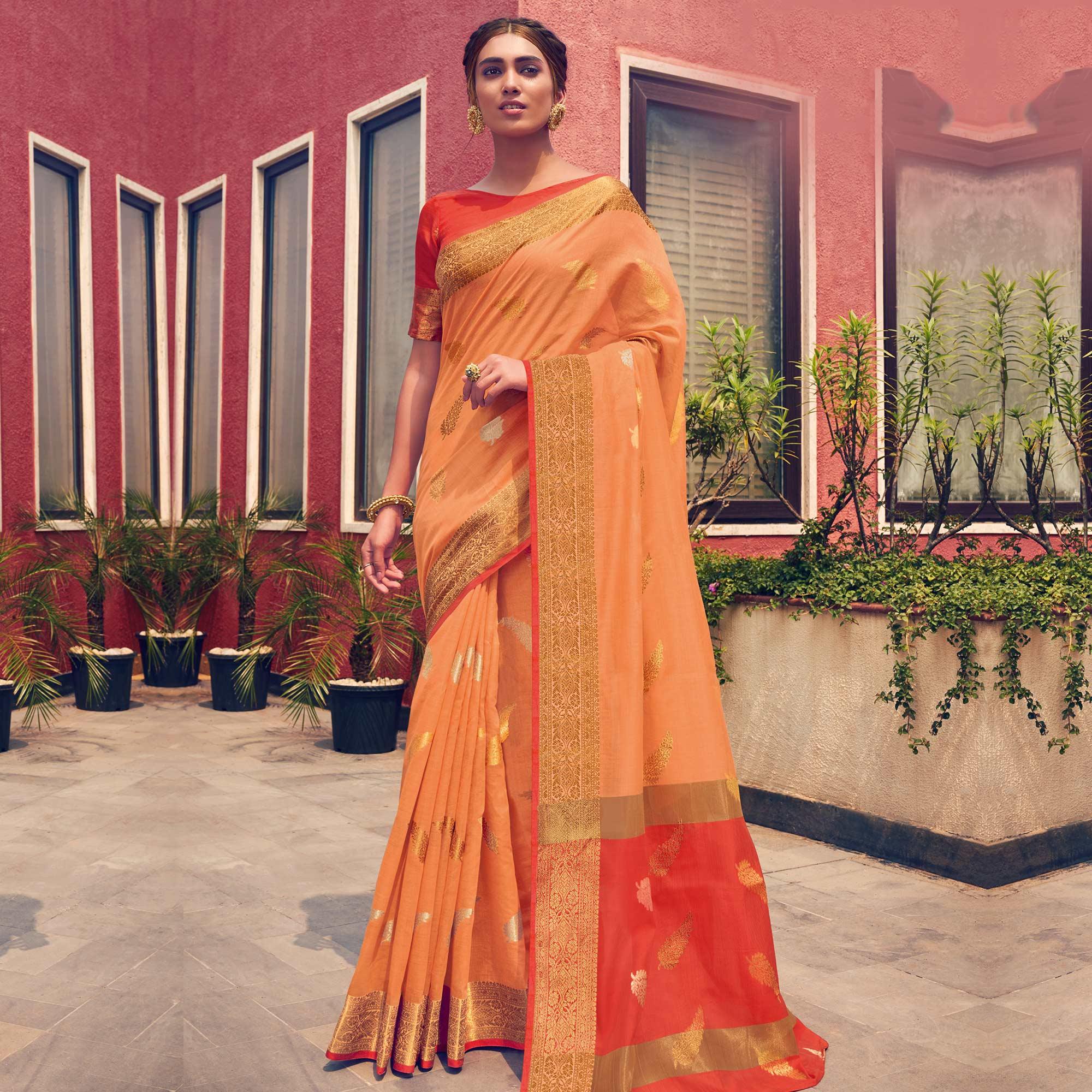 Amazing Orange Colored Festive Wear Woven Cotton Handloom Saree - Peachmode