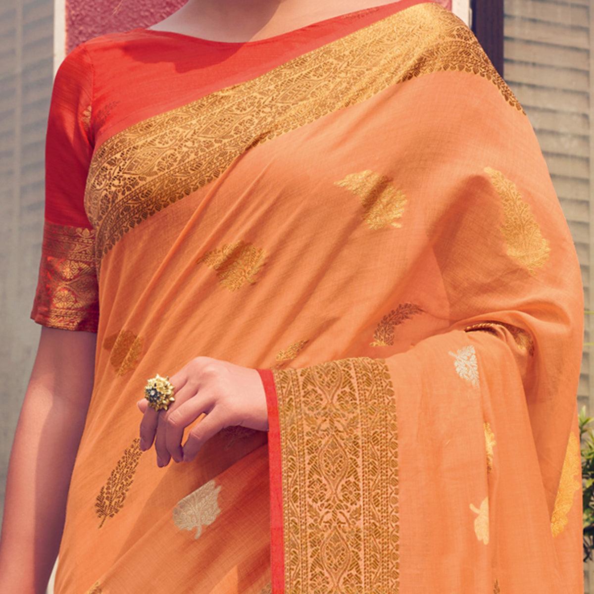 Amazing Orange Colored Festive Wear Woven Cotton Handloom Saree - Peachmode