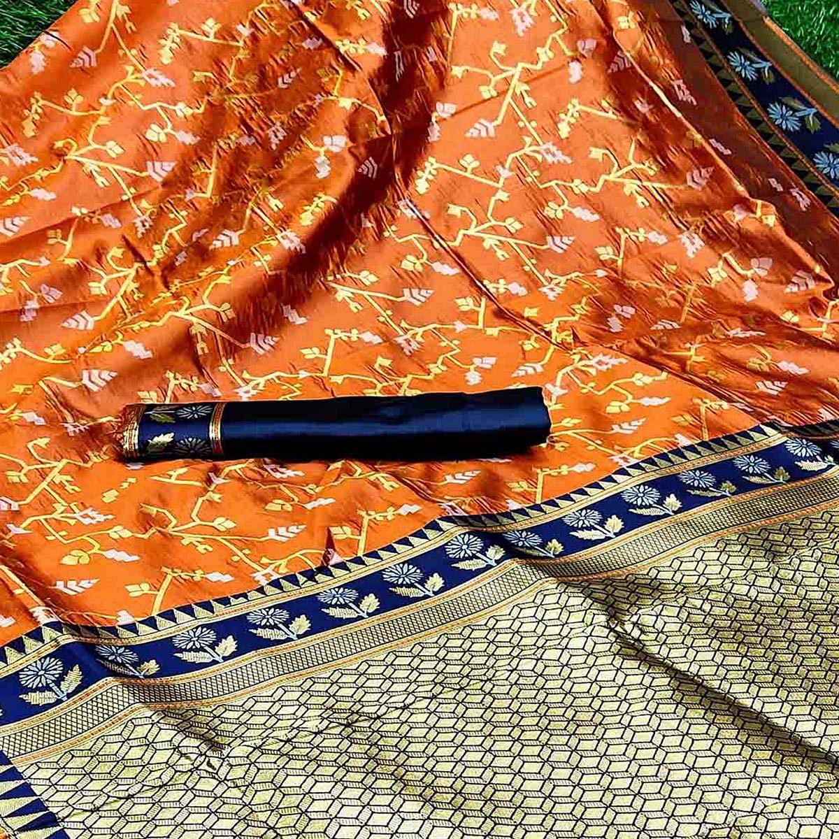 Amazing Orange Colored Festive Wear Woven Soft Silk Saree - Peachmode