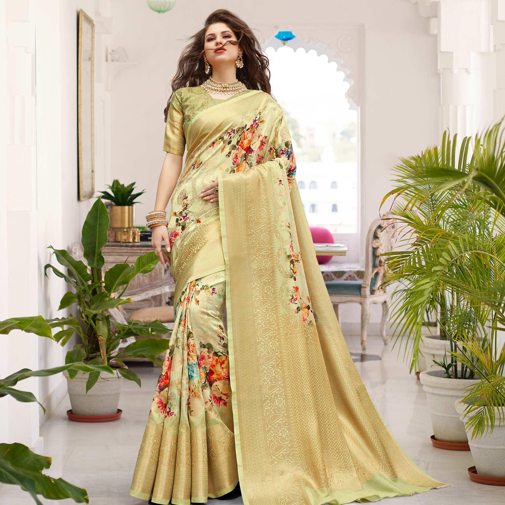 Amazing Pastel Green Colored Partywear Digital Floral Printed Silk Saree - Peachmode