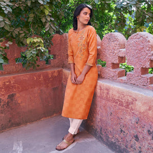 Amazing Peach Colored Casual Wear Embroidered Pure Cotton Kurti - Peachmode