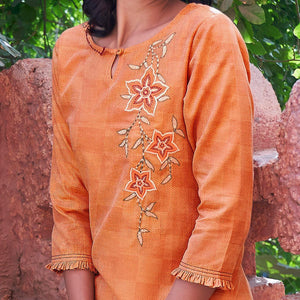 Amazing Peach Colored Casual Wear Embroidered Pure Cotton Kurti - Peachmode