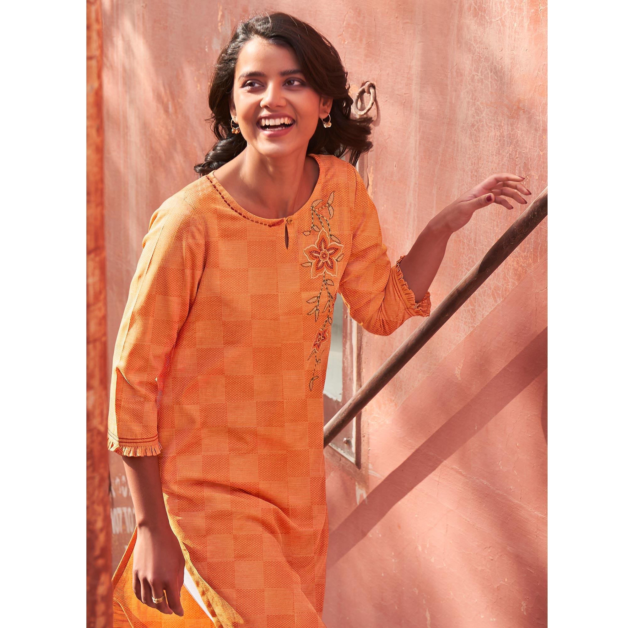 Amazing Peach Colored Casual Wear Embroidered Pure Cotton Kurti - Peachmode