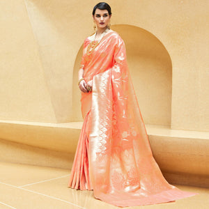 Amazing Peach Colored Festive Wear Printed Silk Saree - Peachmode
