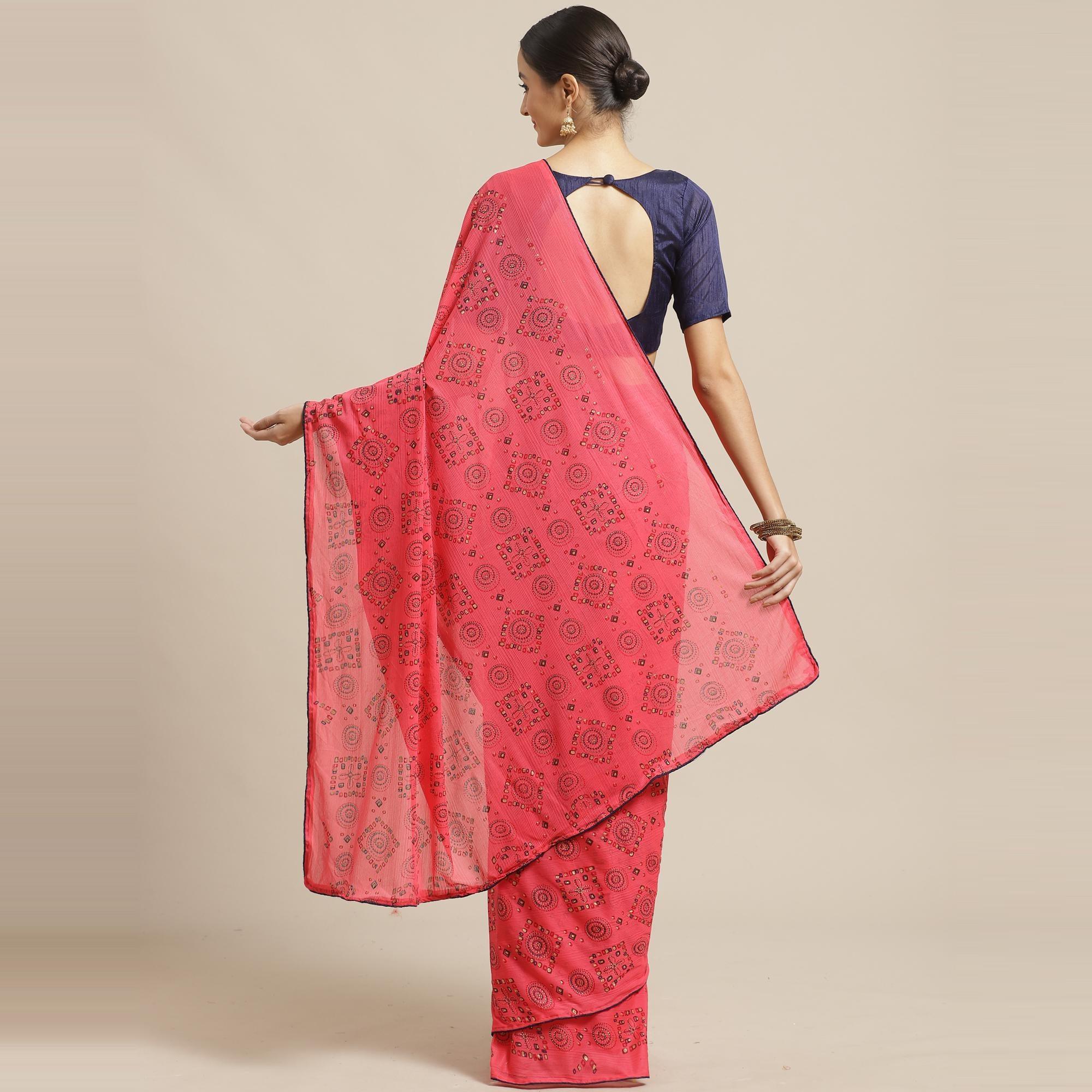 Amazing Pink Colored Casual Wear Printed Chiffon Saree - Peachmode