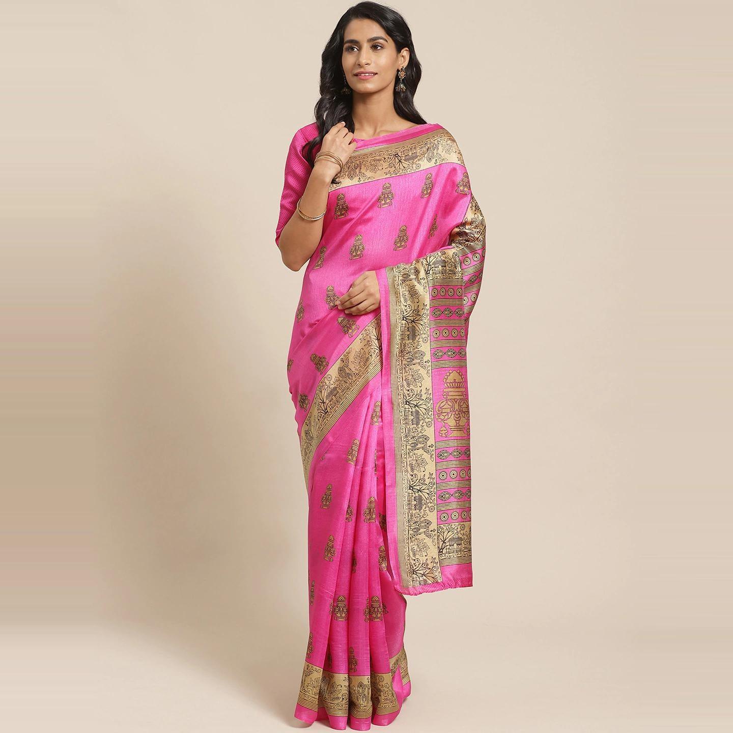 Amazing Pink Colored Casual Wear Printed Silk Blend Saree - Peachmode