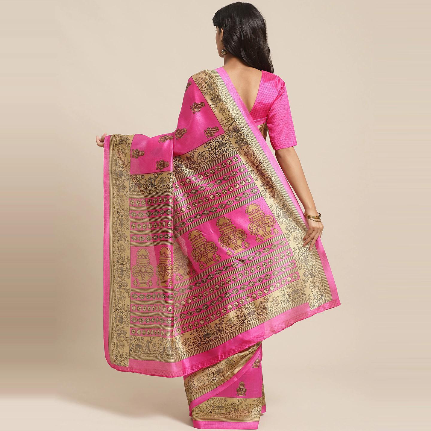Amazing Pink Colored Casual Wear Printed Silk Blend Saree - Peachmode