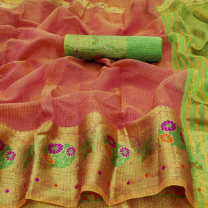 Amazing Pink Colored Festive Wear Woven Heavy Cotton Saree - Peachmode