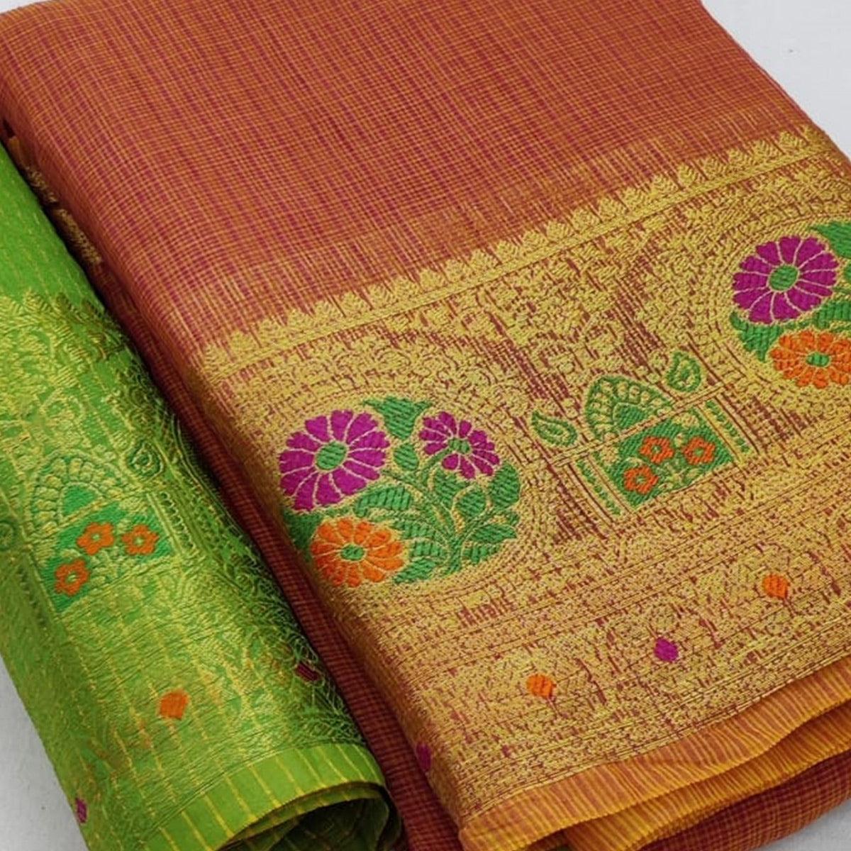 Amazing Pink Colored Festive Wear Woven Heavy Cotton Saree - Peachmode