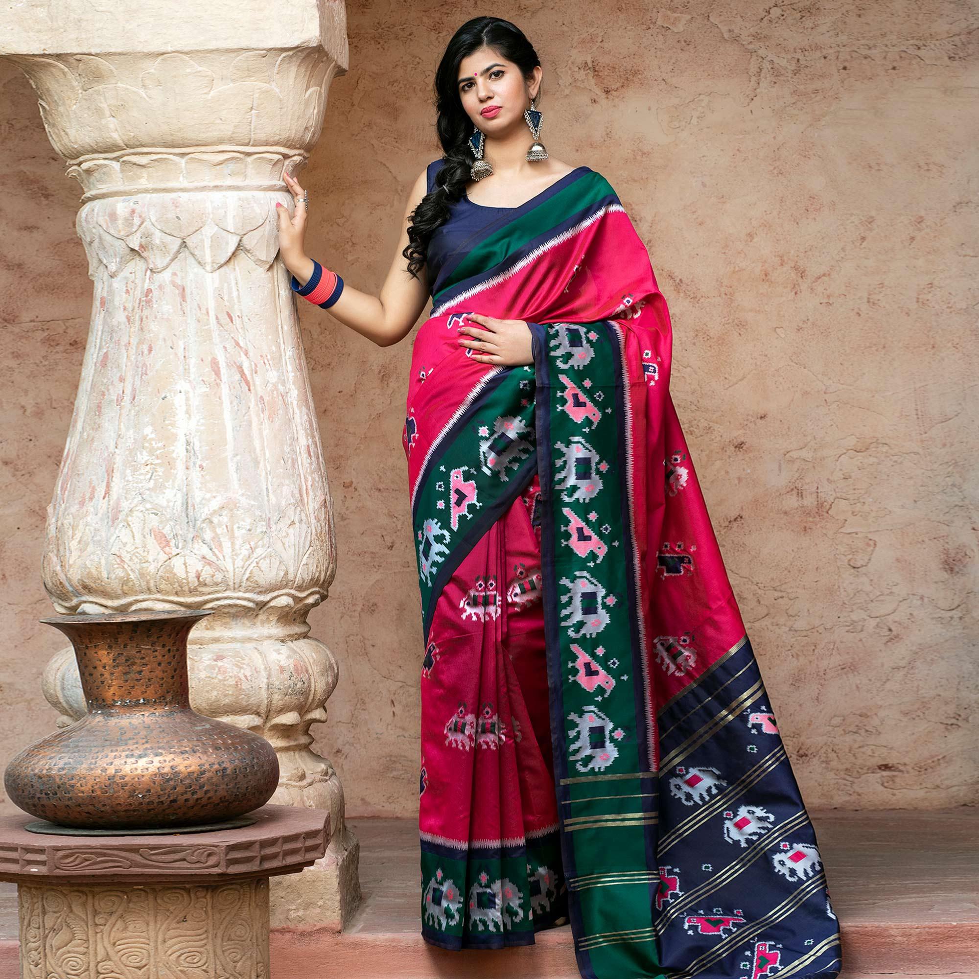 Amazing Pink Colored Festive Wear Woven Patola Silk Saree - Peachmode