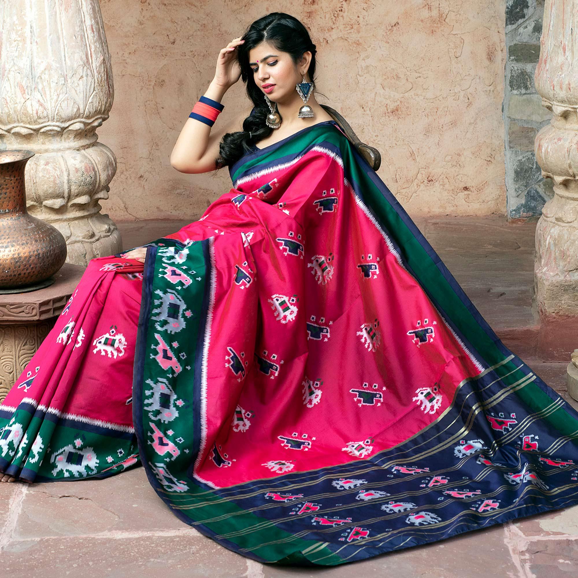 Amazing Pink Colored Festive Wear Woven Patola Silk Saree - Peachmode