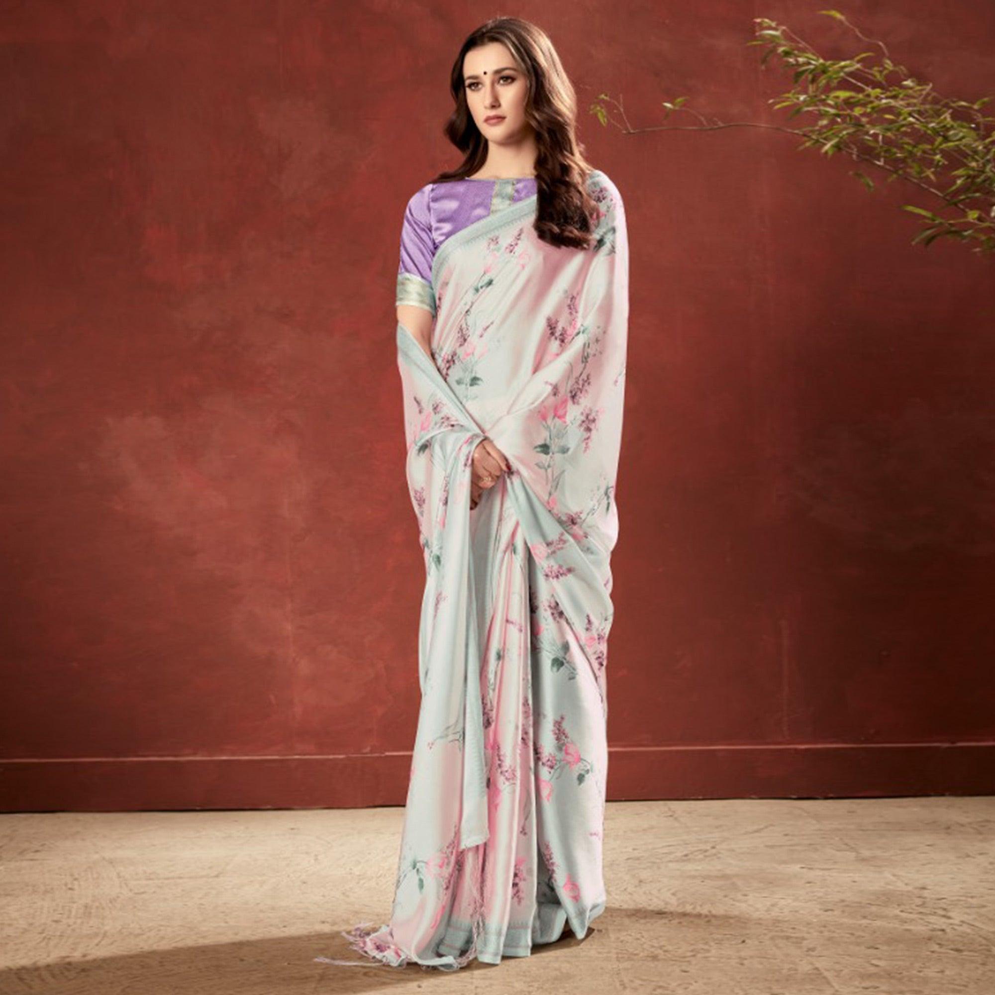 Amazing Pink-Grey Colored Casual Wear Printed Satin Crepe Saree With Tassels - Peachmode
