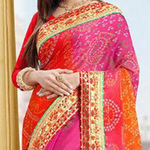 Amazing Pink-Red Colored Festive Wear Zari Work Moss Chiffon Half-Half Saree - Peachmode