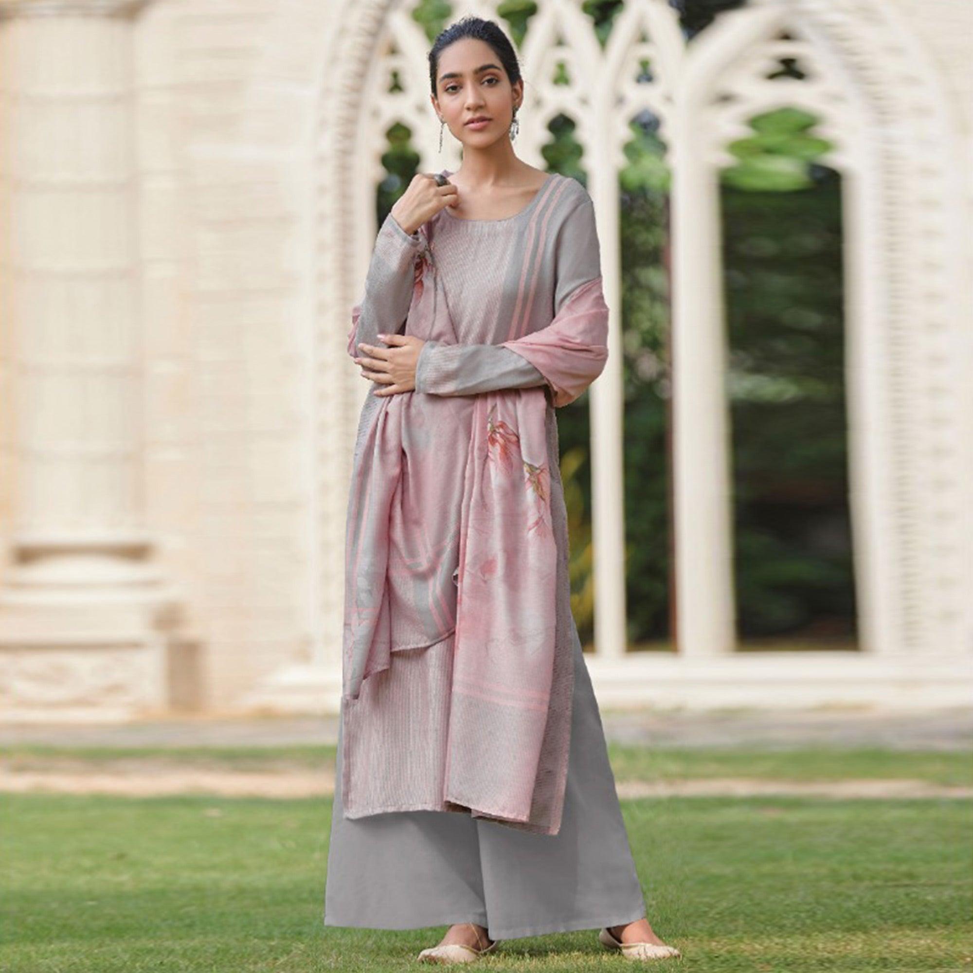Amazing Pinkish Grey Colored Casual Wear Digital Printed Cotton Satin Palazzo Suit - Peachmode