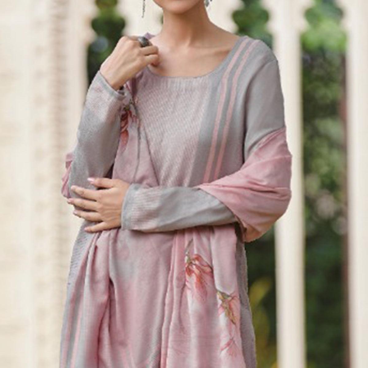 Amazing Pinkish Grey Colored Casual Wear Digital Printed Cotton Satin Palazzo Suit - Peachmode