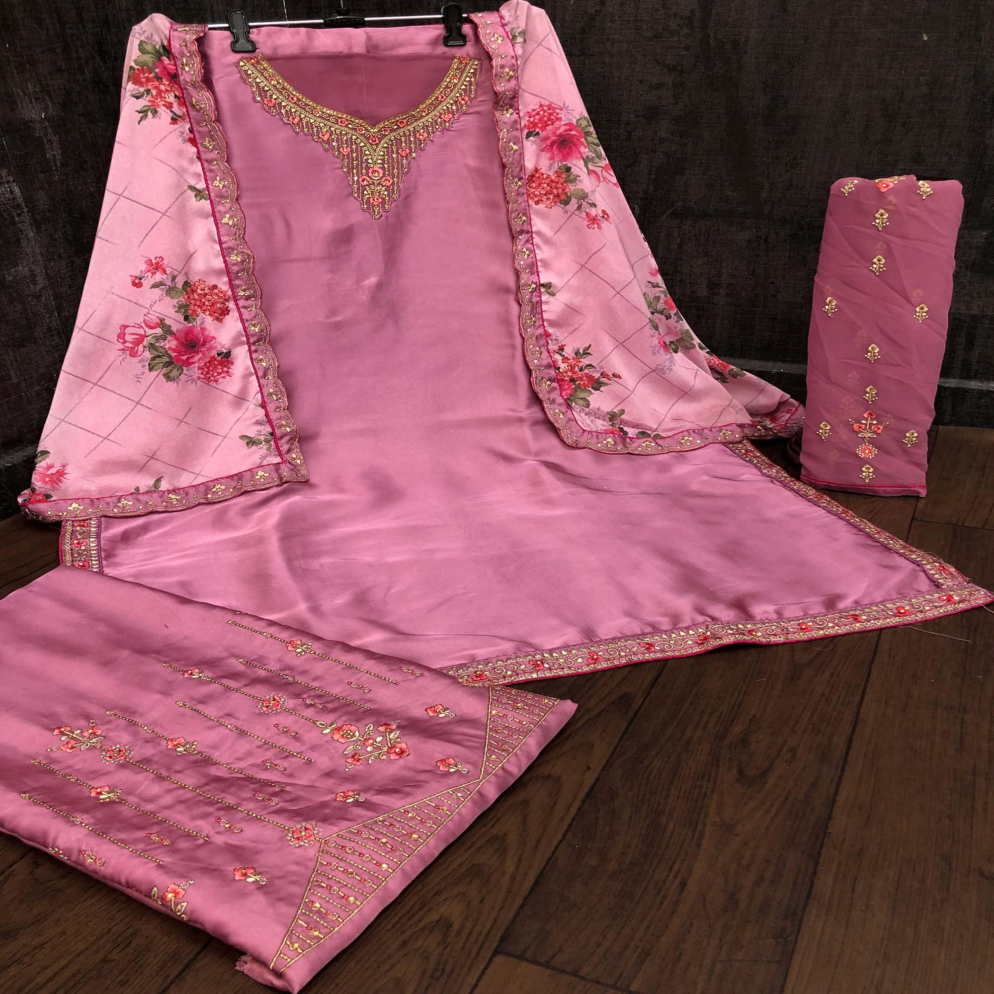 Amazing Purple Colored Partywear Embroidered Muslin Satin Gharara Suit With Palazzo - Peachmode