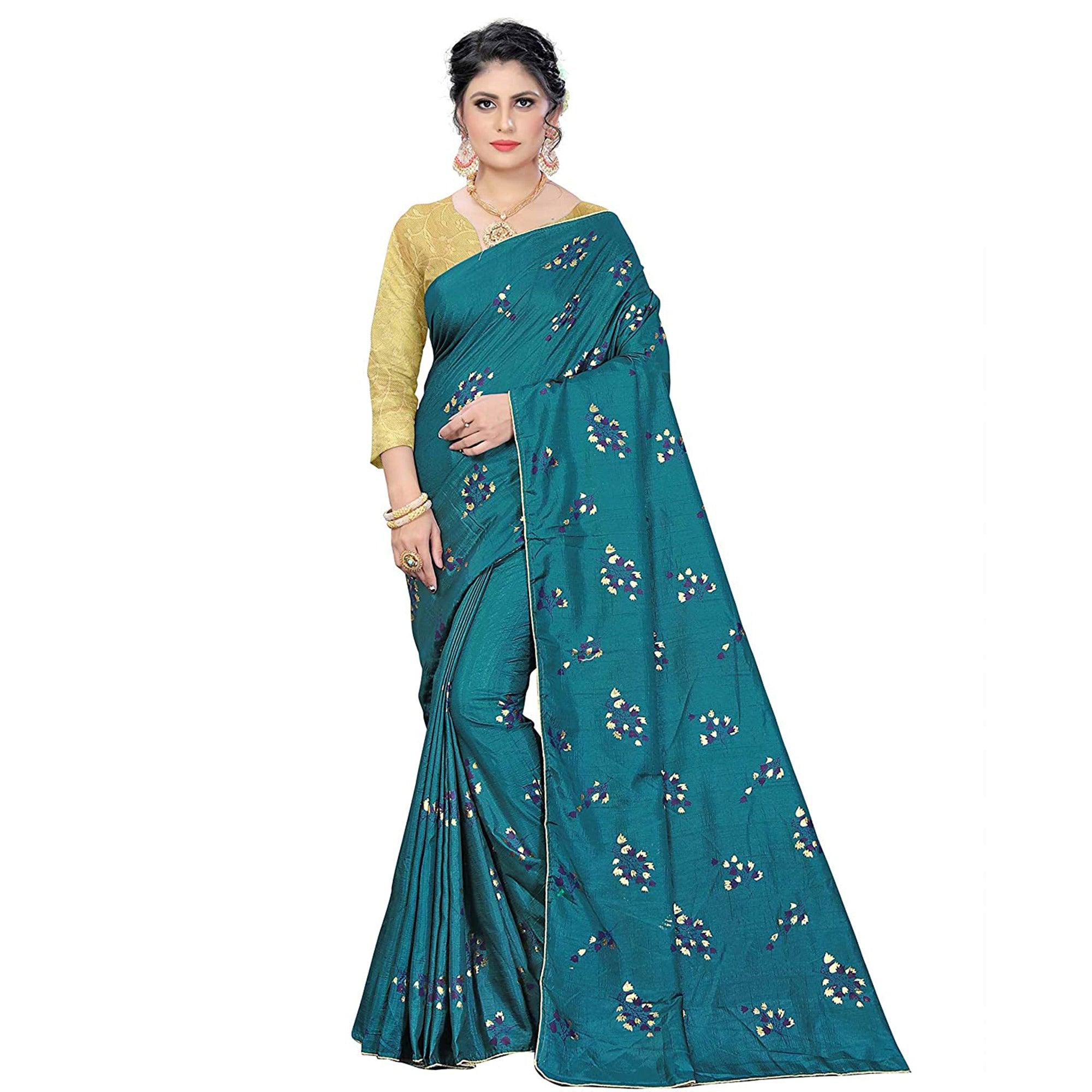Amazing Rama Colored Partywear Foil Work Printed Art Silk Saree - Peachmode