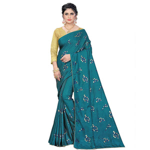 Amazing Rama Colored Partywear Foil Work Printed Art Silk Saree - Peachmode