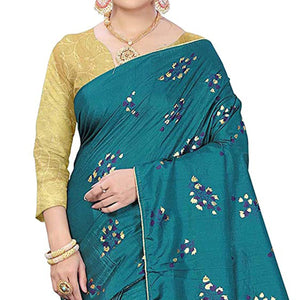 Amazing Rama Colored Partywear Foil Work Printed Art Silk Saree - Peachmode