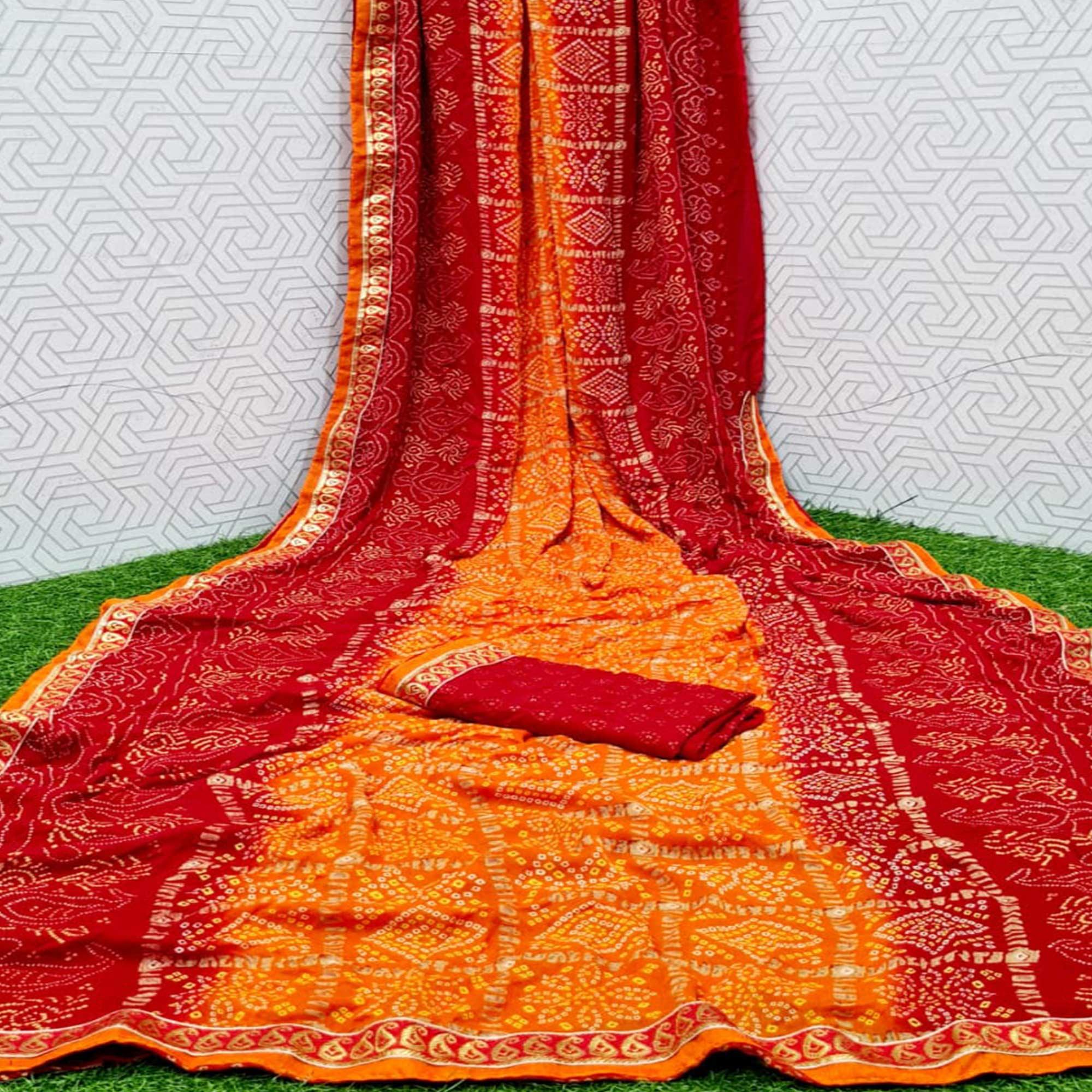 Amazing Red & Mustard Coloured Casual Wear Printed Moss Georgette Saree - Peachmode