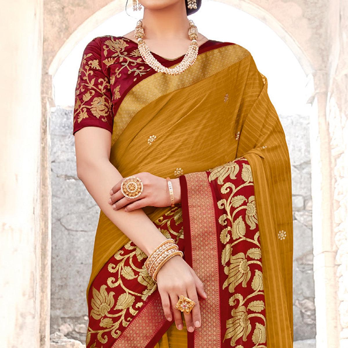 Amazing Red & Mustard Coloured Partywear Embroidered Chiffon Saree - Peachmode
