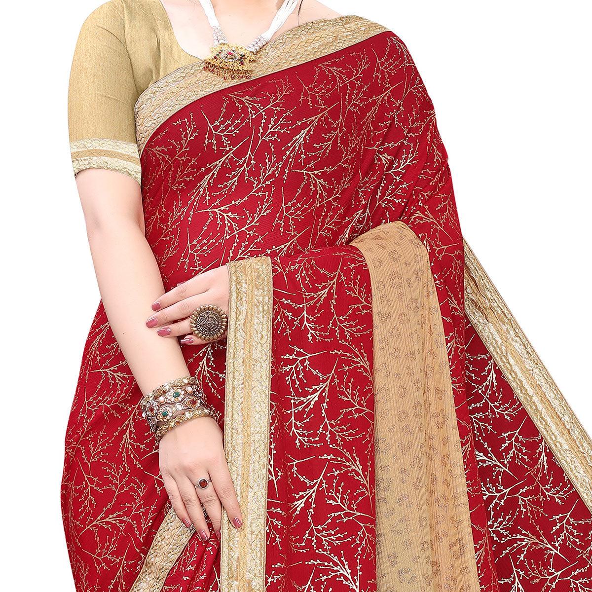 Amazing Red Colored Party Wear Foil Printed Art Silk Saree - Peachmode