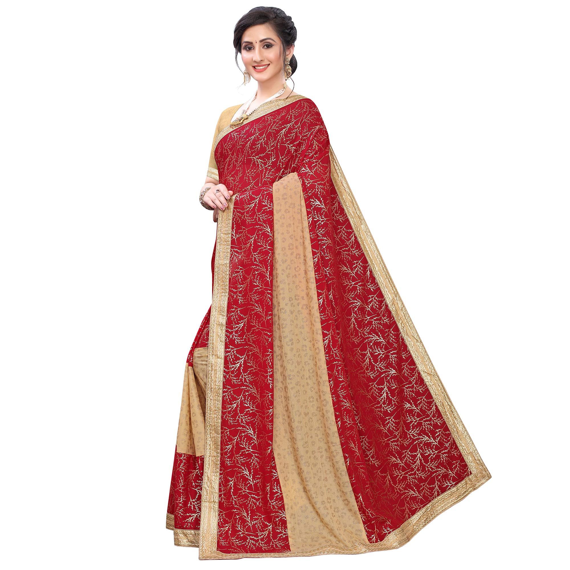 Amazing Red Colored Party Wear Foil Printed Art Silk Saree - Peachmode
