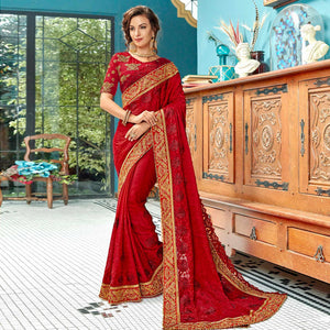 Amazing Red Colored Partywear Embroidered Georgette Saree - Peachmode