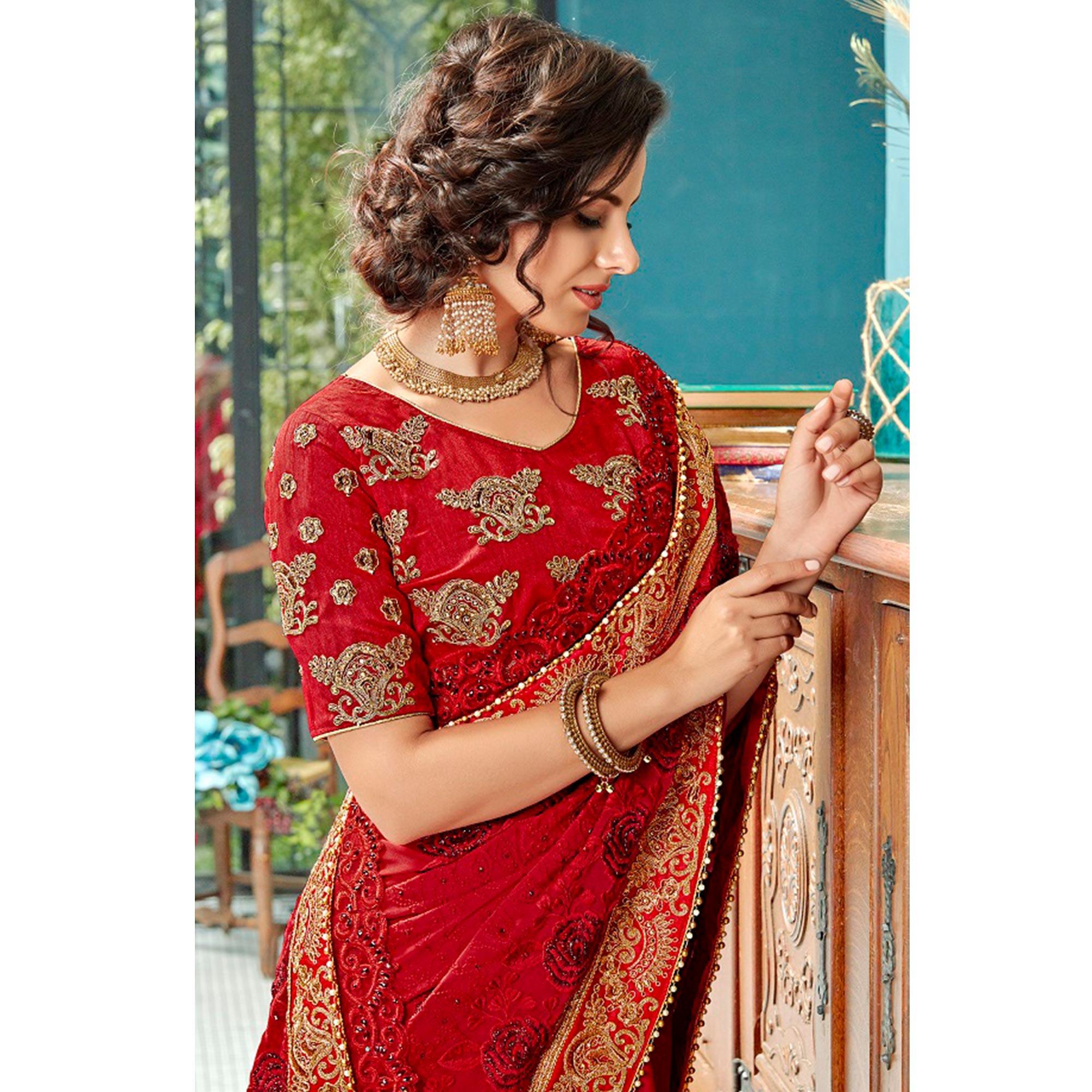 Amazing Red Colored Partywear Embroidered Georgette Saree - Peachmode