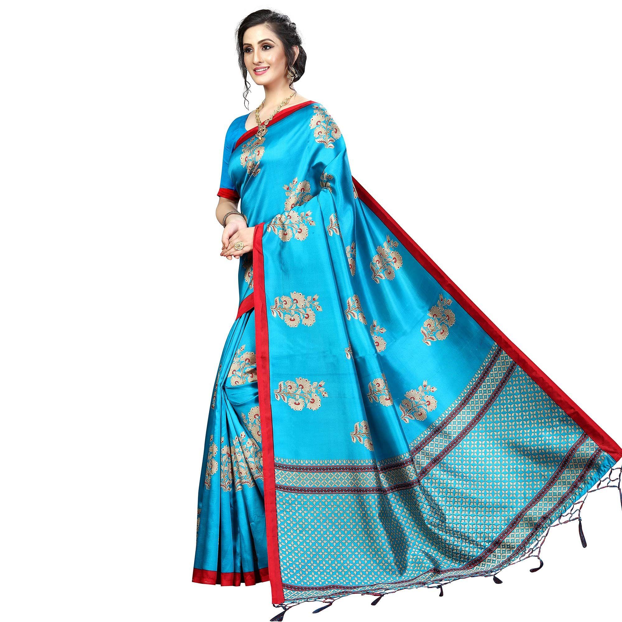 Amazing Sky Blue Colored Festive Wear Banarasi Art Silk Saree - Peachmode
