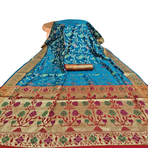 Amazing Teal Blue Colored Festive Wear Woven Silk Saree - Peachmode
