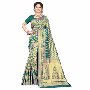 Amazing Turquoise Green Colored Festive Wear Woven Silk Saree - Peachmode