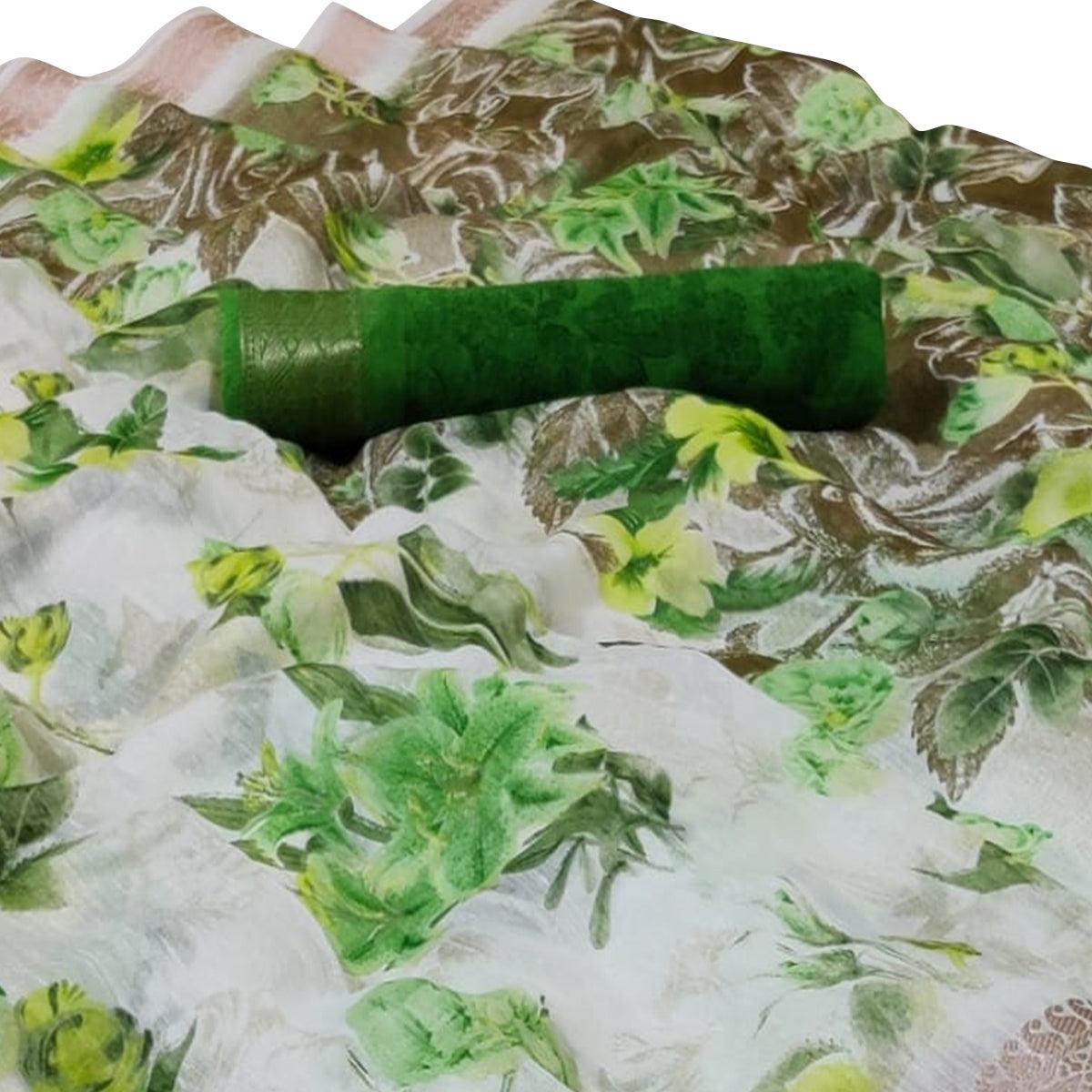 Amazing White-Green Colored Casual Floral Printed Cotton Saree - Peachmode