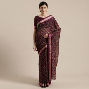 Amazing Wine Colored Casual Wear Floral Printed Cotton Silk Saree - Peachmode