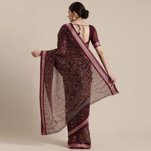 Amazing Wine Colored Casual Wear Floral Printed Cotton Silk Saree - Peachmode