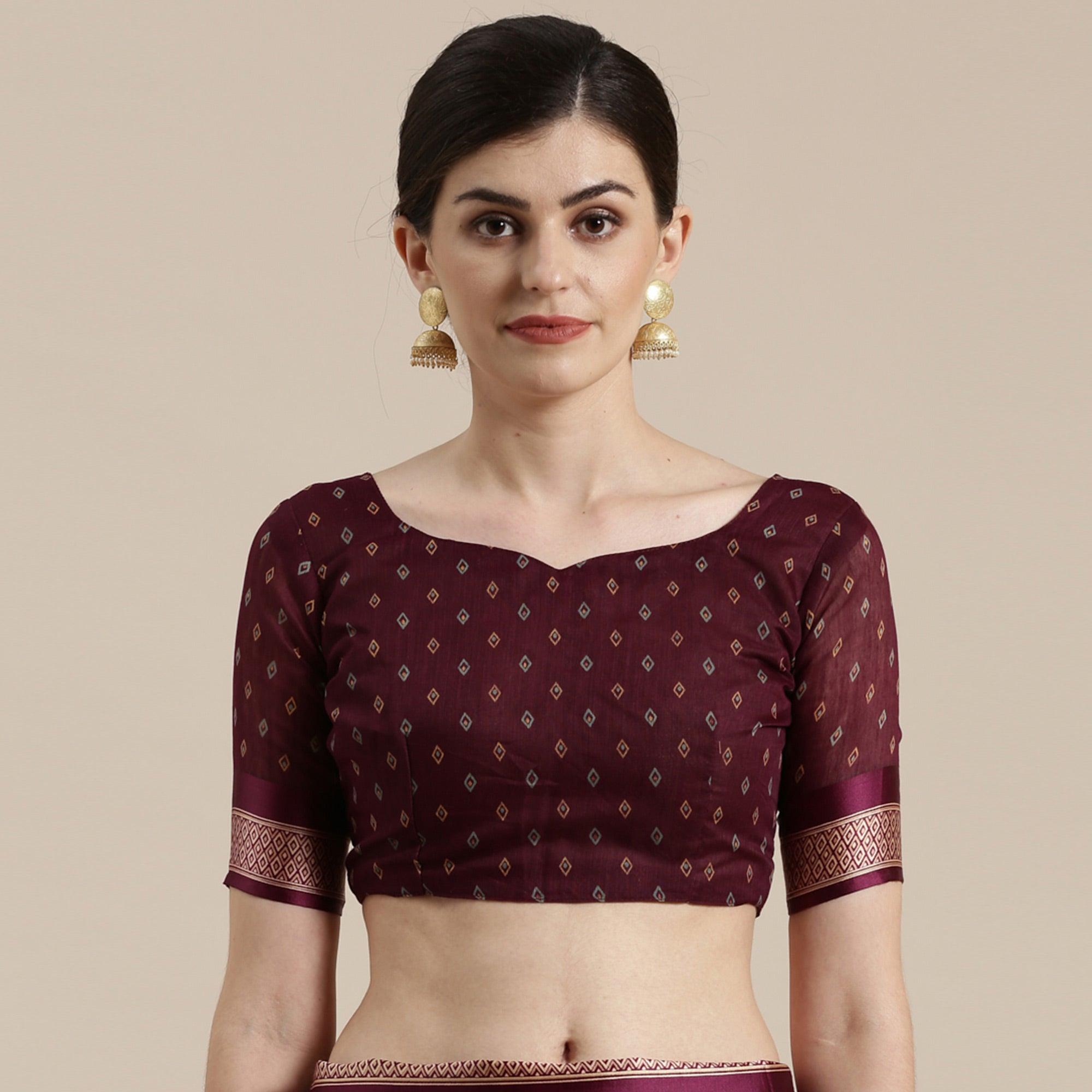 Amazing Wine Colored Casual Wear Floral Printed Cotton Silk Saree - Peachmode