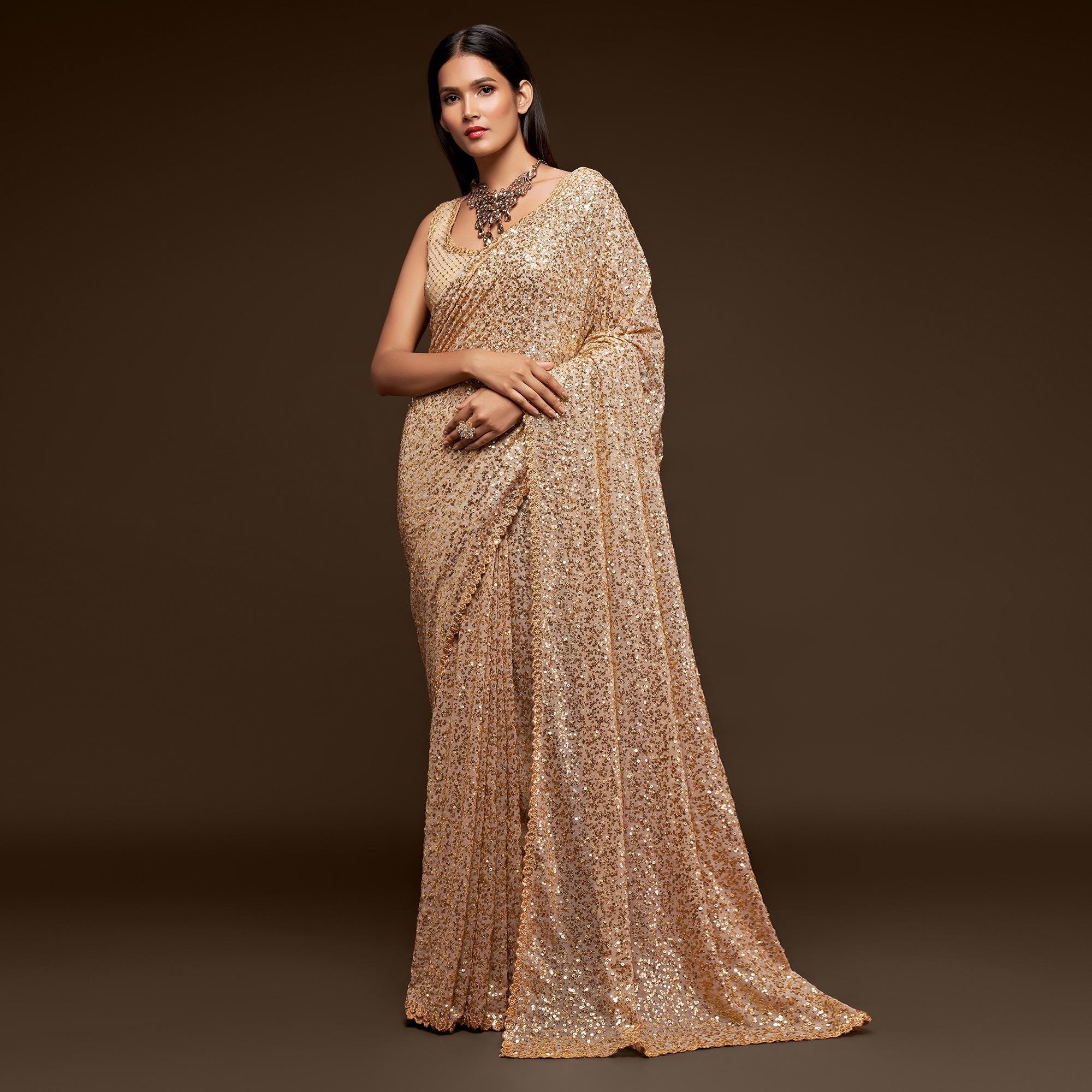 Ancient Ivory Partywear Thread & Sequins Embroidered Georgette Saree - Peachmode