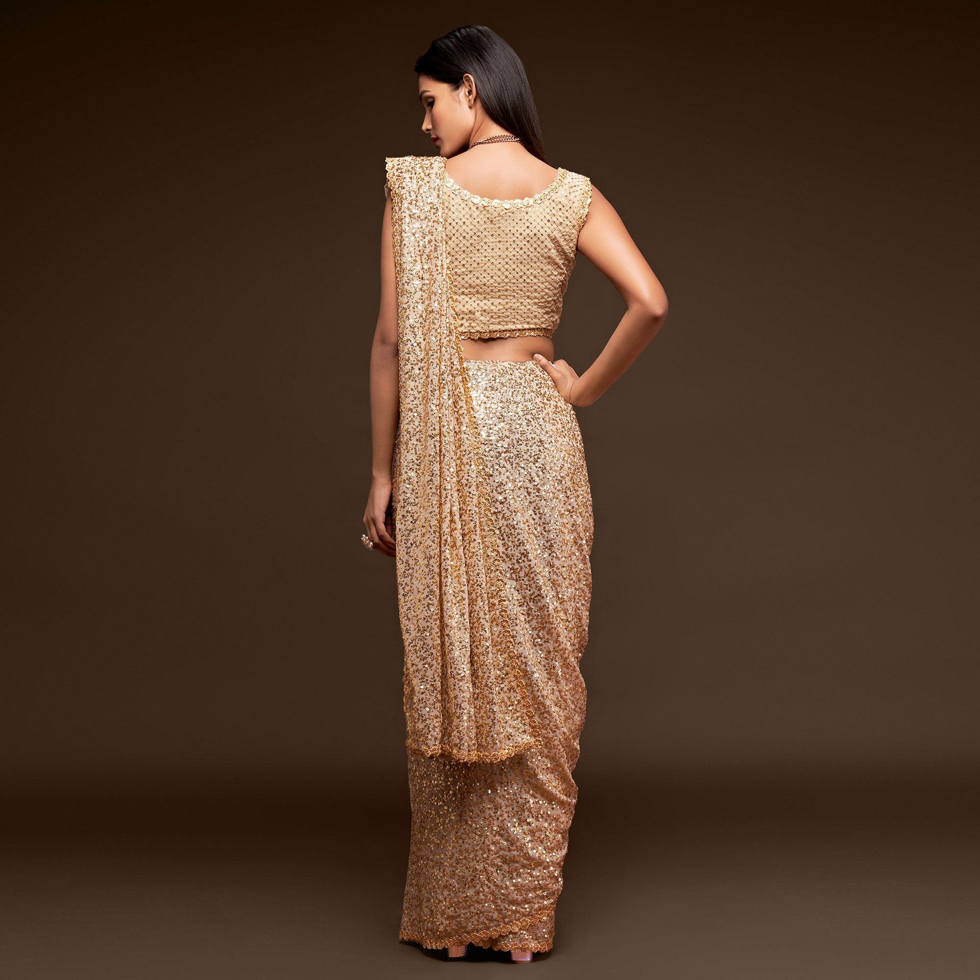 Ancient Ivory Partywear Thread & Sequins Embroidered Georgette Saree - Peachmode