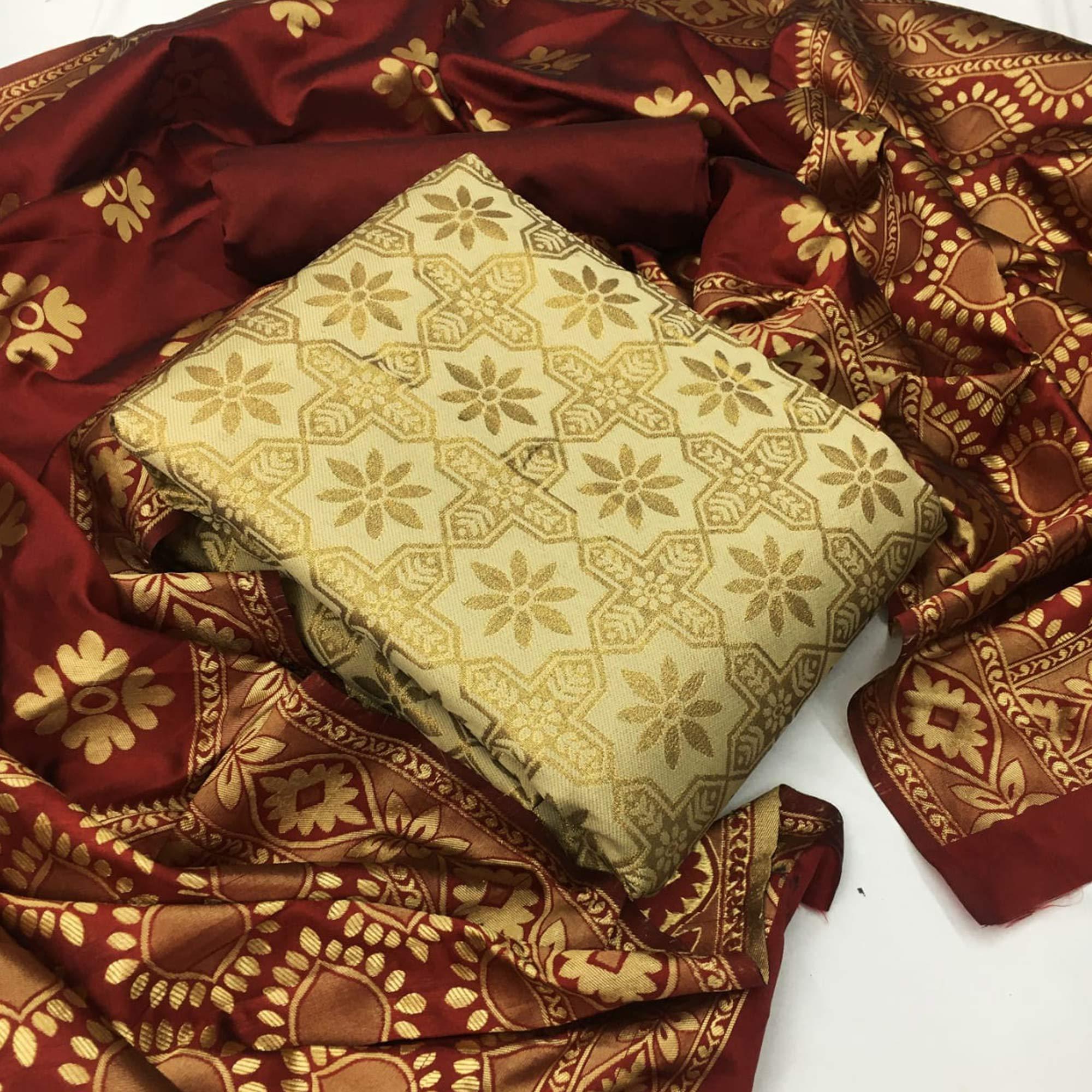 Appealing Beige Colored Casual Wear Woven Banarasi Silk Dress Material - Peachmode
