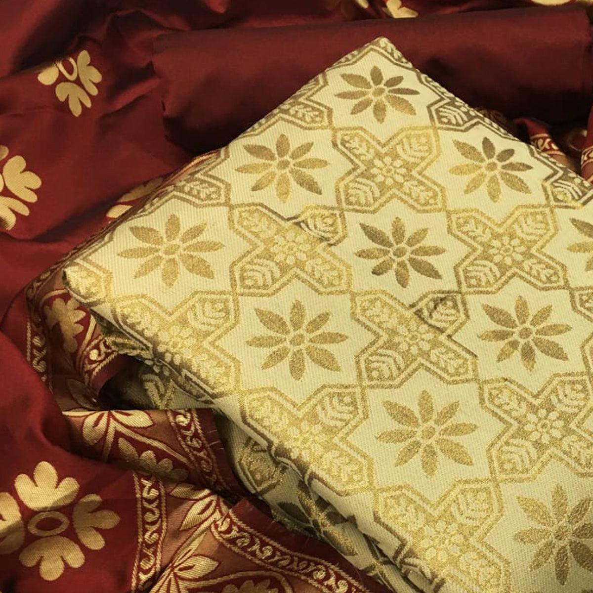 Appealing Beige Colored Casual Wear Woven Banarasi Silk Dress Material - Peachmode