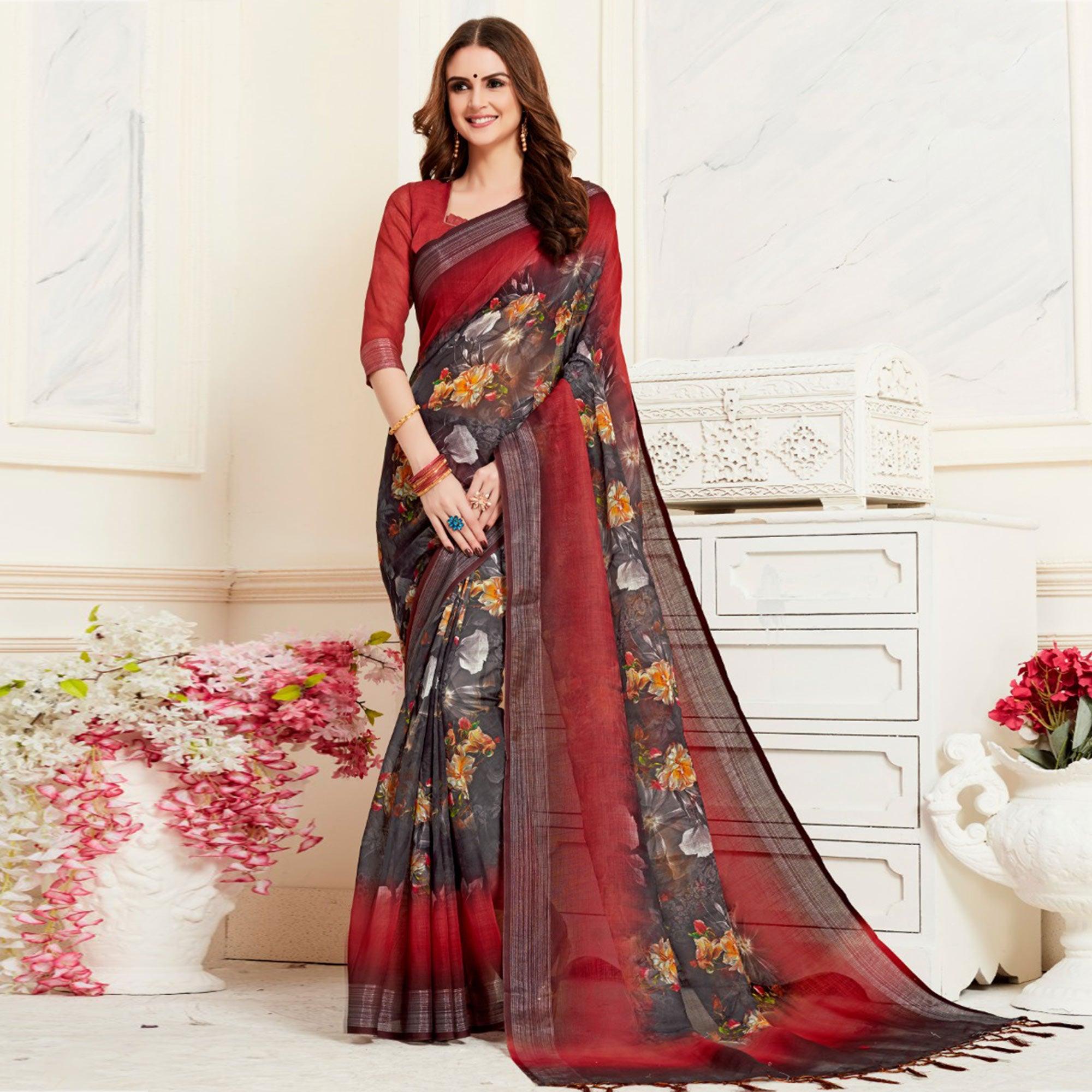 Appealing Black Colored Casual Floral Digital Printed Linen Saree - Peachmode