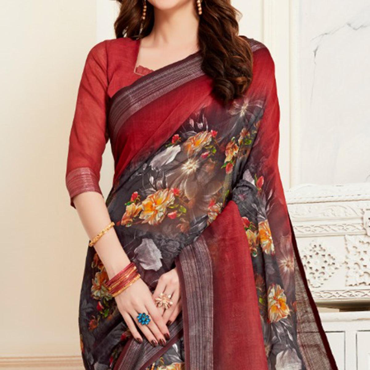 Appealing Black Colored Casual Floral Digital Printed Linen Saree - Peachmode