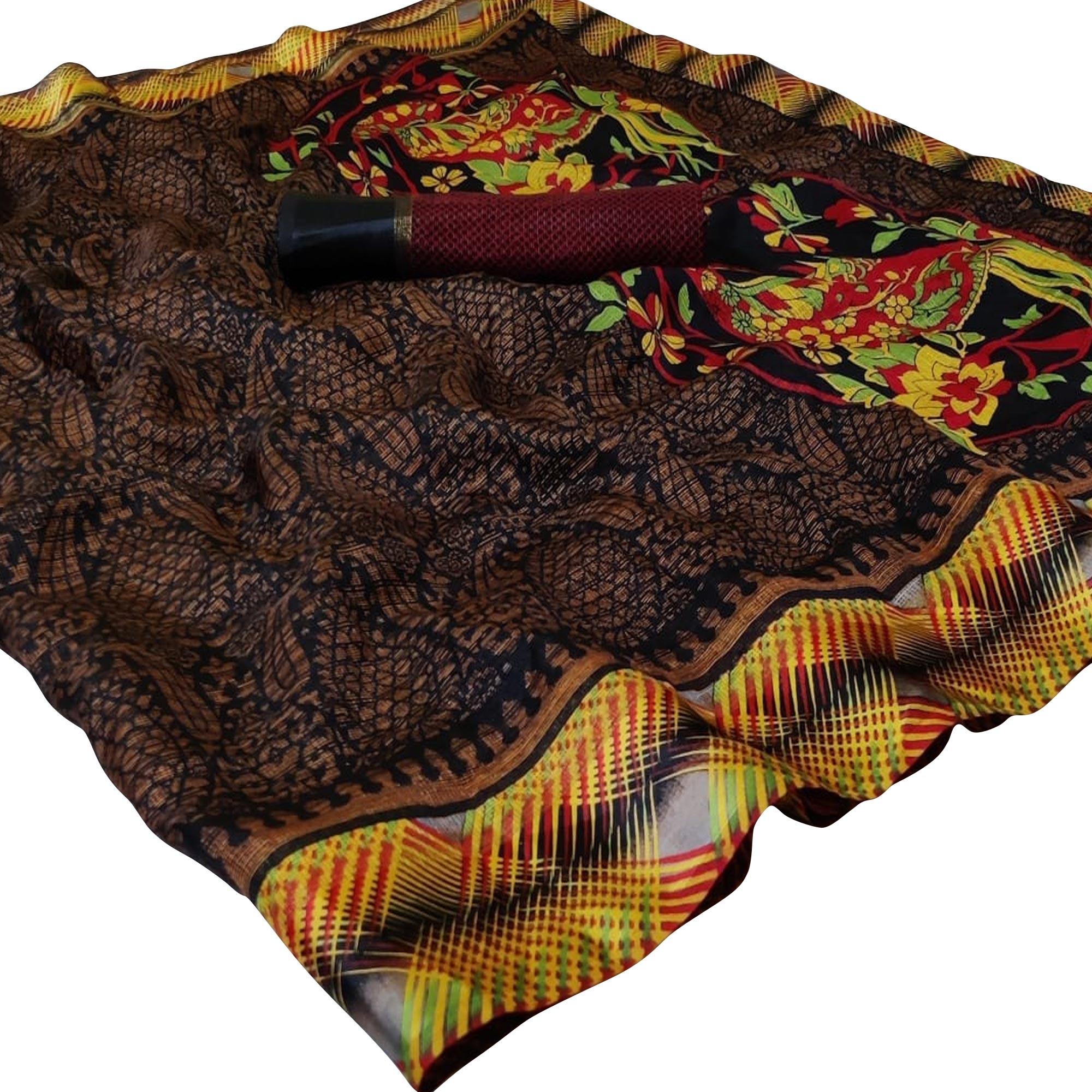 Appealing Black Colored Casual Printed Kota Doria Satin Saree - Peachmode