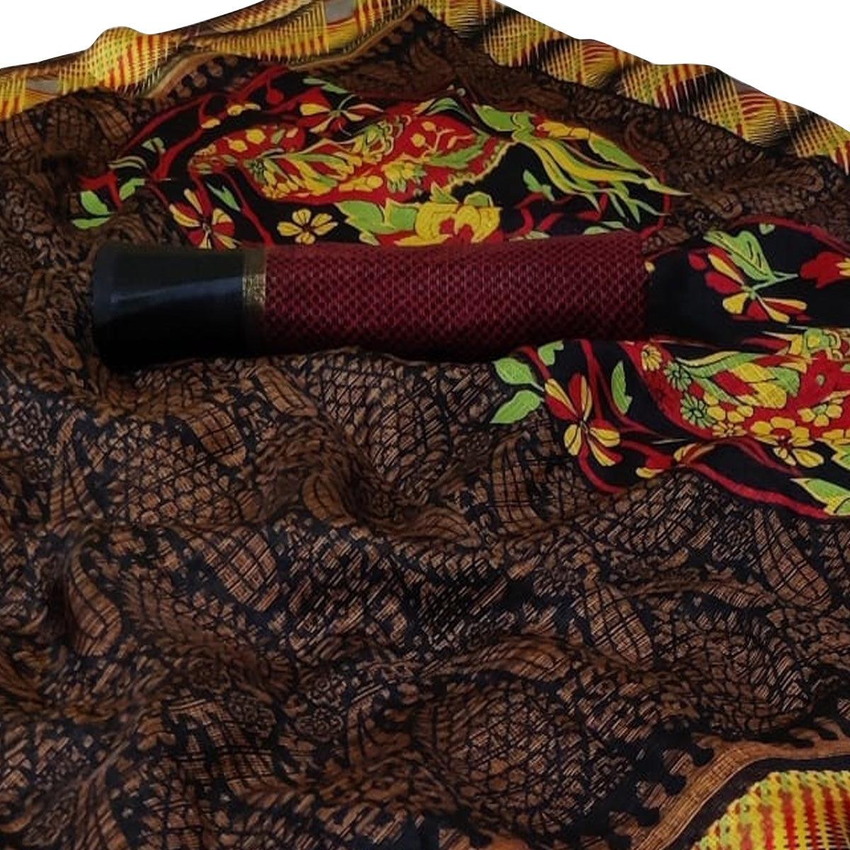 Appealing Black Colored Casual Printed Kota Doria Satin Saree - Peachmode
