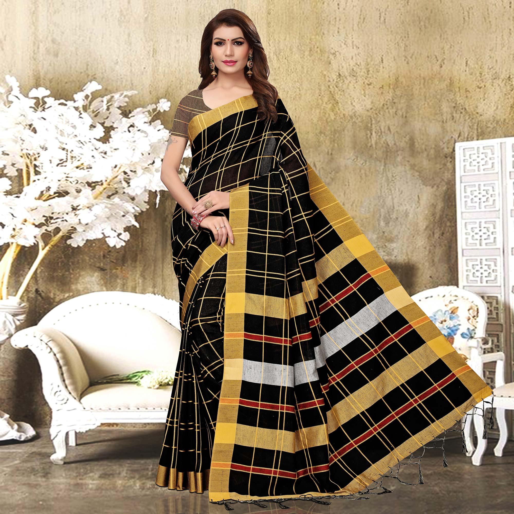 Appealing Black Colored Festive Wear Checks Print Pure Linen Saree - Peachmode