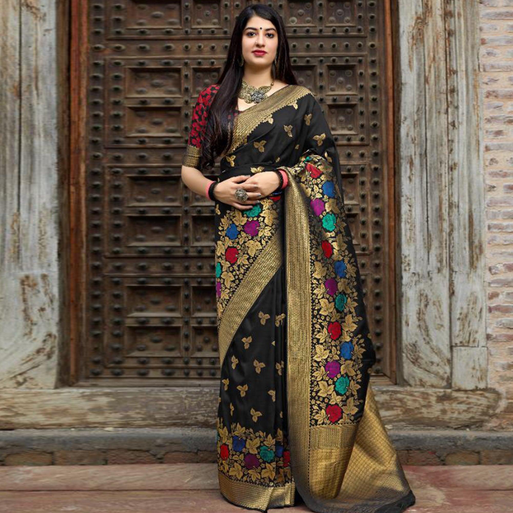 Appealing Black Colored Festive Wear Woven Banarasi Silk Saree - Peachmode