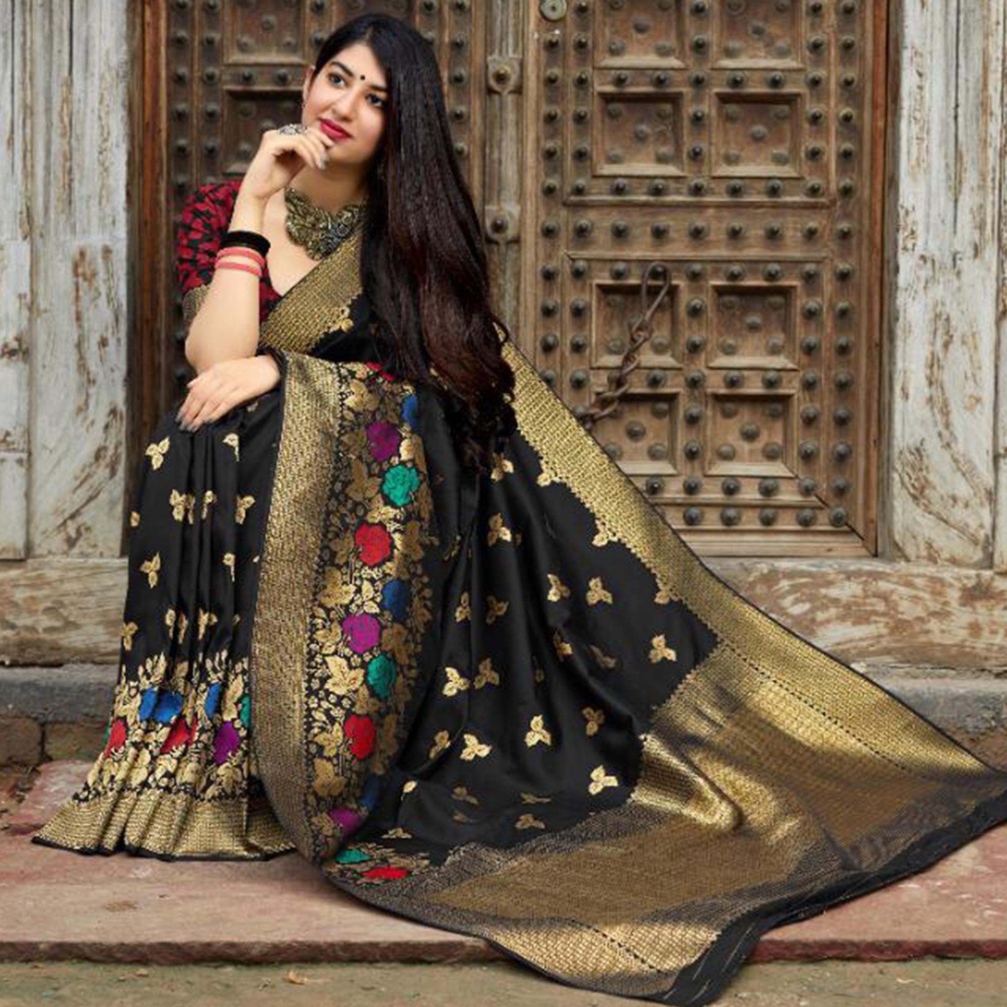 Appealing Black Colored Festive Wear Woven Banarasi Silk Saree - Peachmode